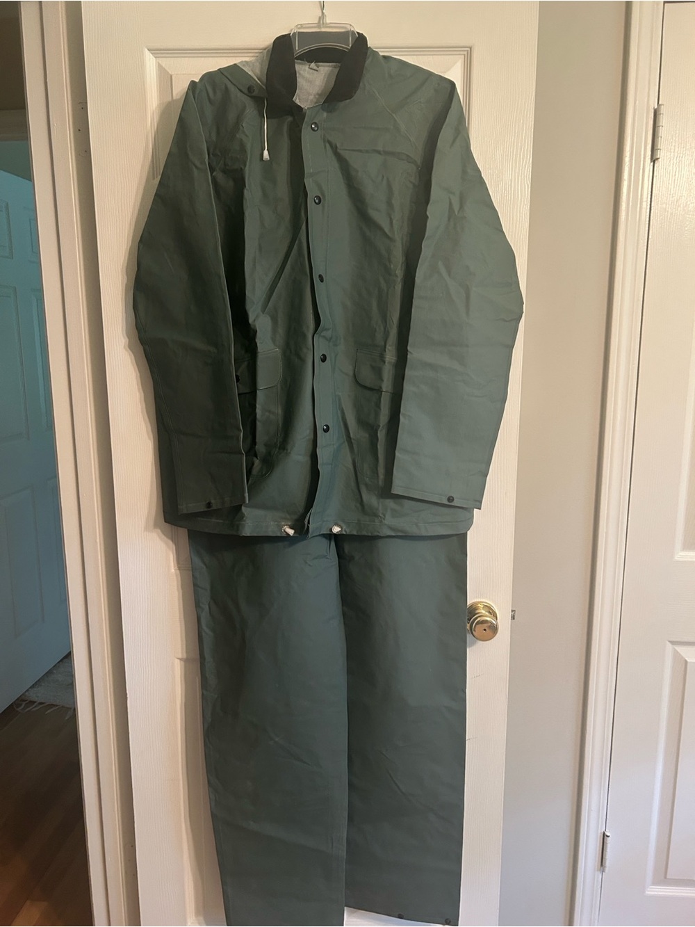 Safe Sport Two piece Dark Green Bib Rain Pants and Hooded Jacket